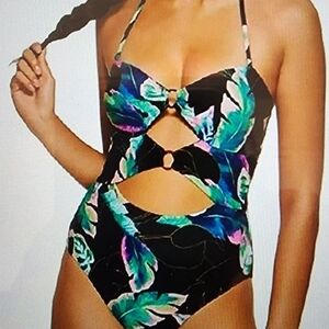 Hula Honey Tropical Print Cutout One Piece Swimsuit Black Multi Color Size M